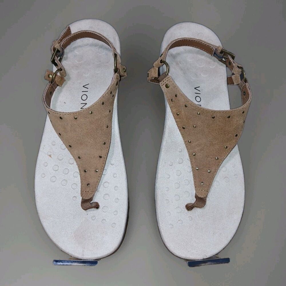 Vionic Women's Margot Studded Suede Thong Sandals Size 10 Brown Orthotic Comfort